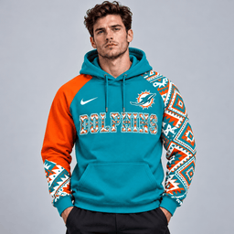 Miami Dolphins | Premium NFL Aztec Inspired Colorblock Pullover Hoodie With Asymmetric Sleeves And Bold Team Lettering NDN cover
