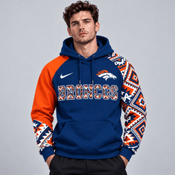 Denver Broncos | Premium NFL Aztec Inspired Colorblock Pullover Hoodie With Asymmetric Sleeves And Bold Team Lettering NDN cover