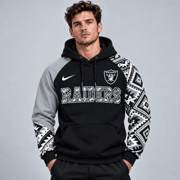 Las Vegas Raiders | Premium NFL Aztec Inspired Colorblock Pullover Hoodie With Asymmetric Sleeves And Bold Team Lettering NDN cover