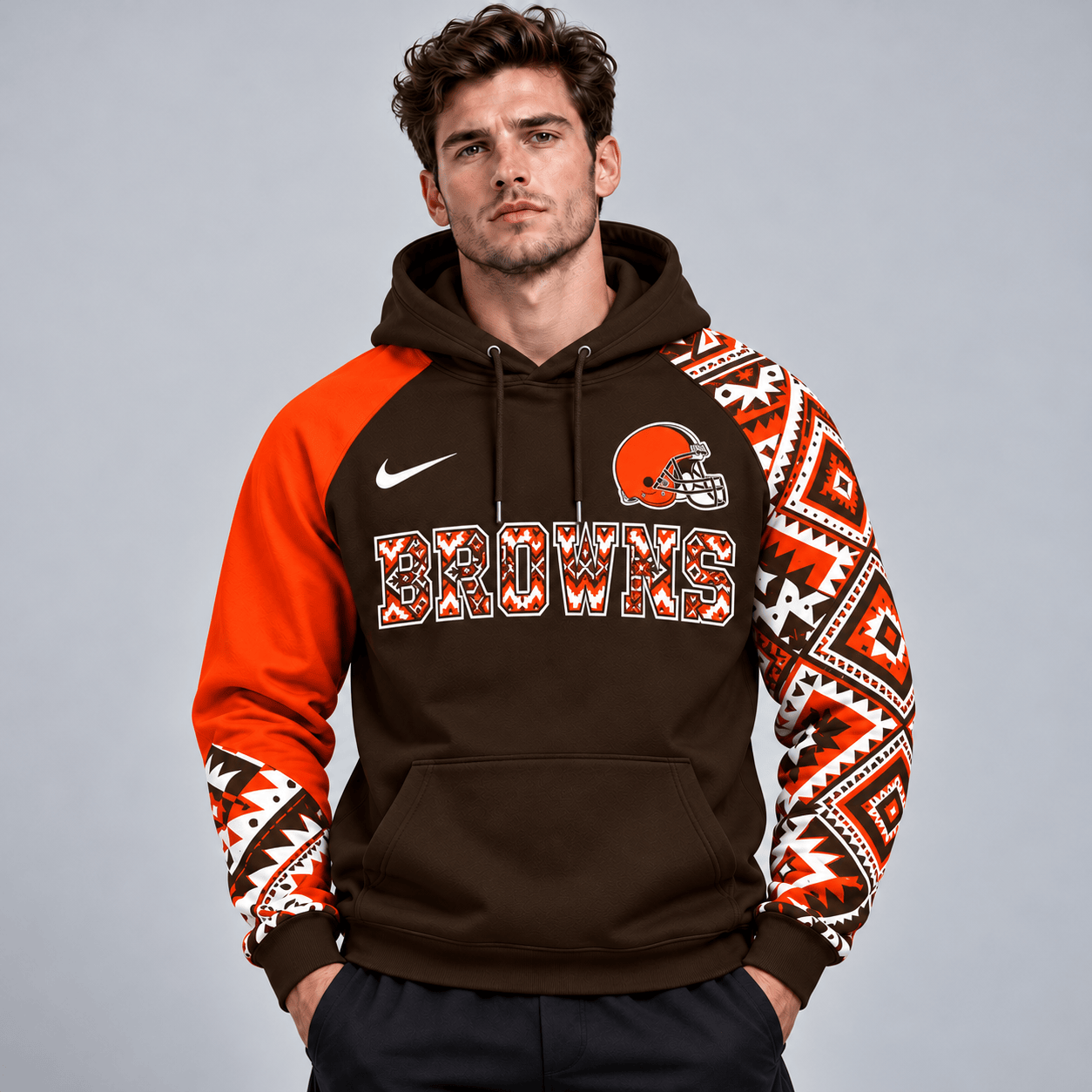 Cleveland Browns | Premium NFL Aztec Inspired Colorblock Pullover Hoodie With Asymmetric Sleeves And Bold Team Lettering NDN cover
