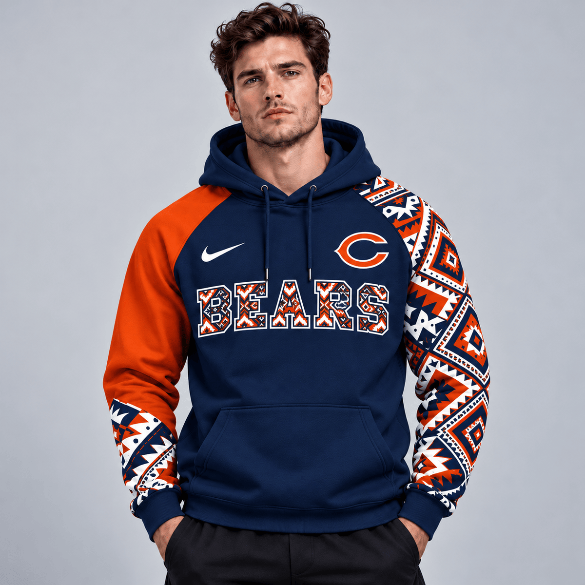 Chicago Bears | Premium NFL Aztec Inspired Colorblock Pullover Hoodie With Asymmetric Sleeves And Bold Team Lettering NDN cover