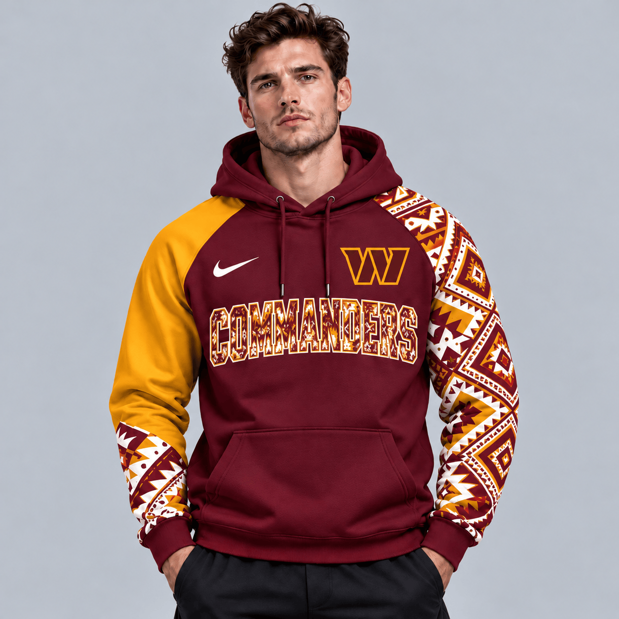 Washington Commanders | Premium NFL Aztec Inspired Colorblock Pullover Hoodie With Asymmetric Sleeves And Bold Team Lettering NDN cover
