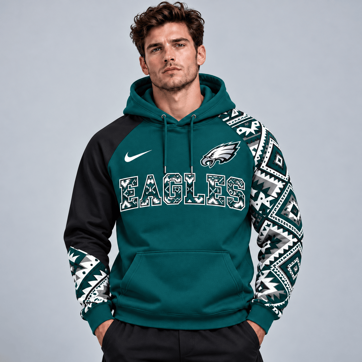 Philadelphia Eagles | Premium NFL Aztec Inspired Colorblock Pullover Hoodie With Asymmetric Sleeves And Bold Team Lettering NDN cover