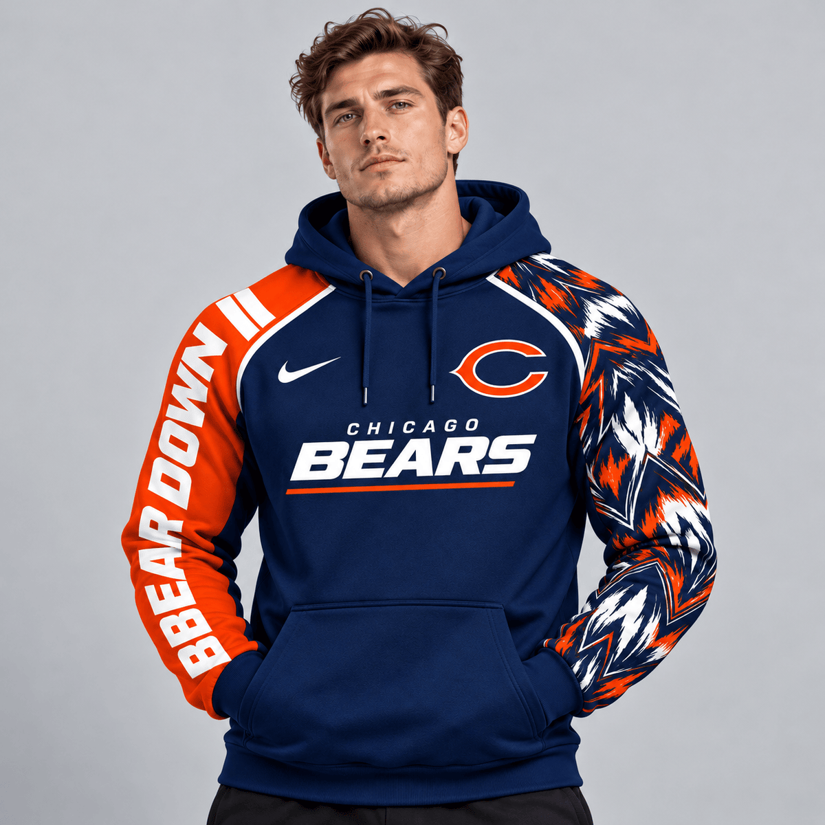 Chicago Bears | Premium NFL Dynamic Brushstroke Graphic Asymmetric Sleeve Pullover Hoodie With Team Logo And Bold Lettering NDN cover