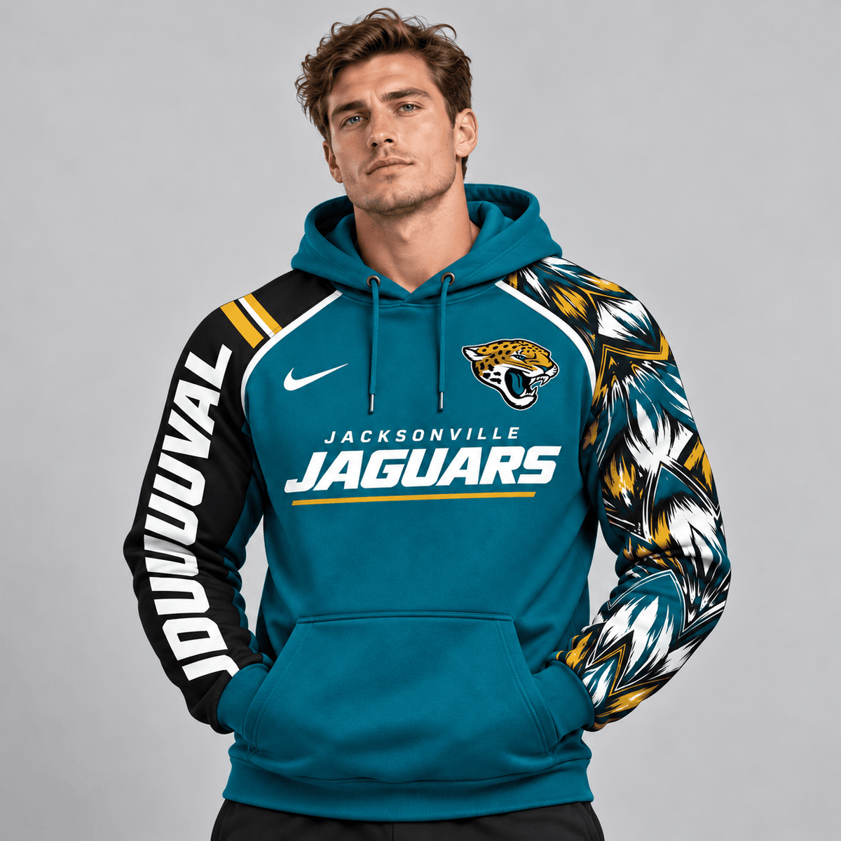 Jacksonville Jaguars | Premium NFL Dynamic Brushstroke Graphic Asymmetric Sleeve Pullover Hoodie With Team Logo And Bold Lettering NDN cover