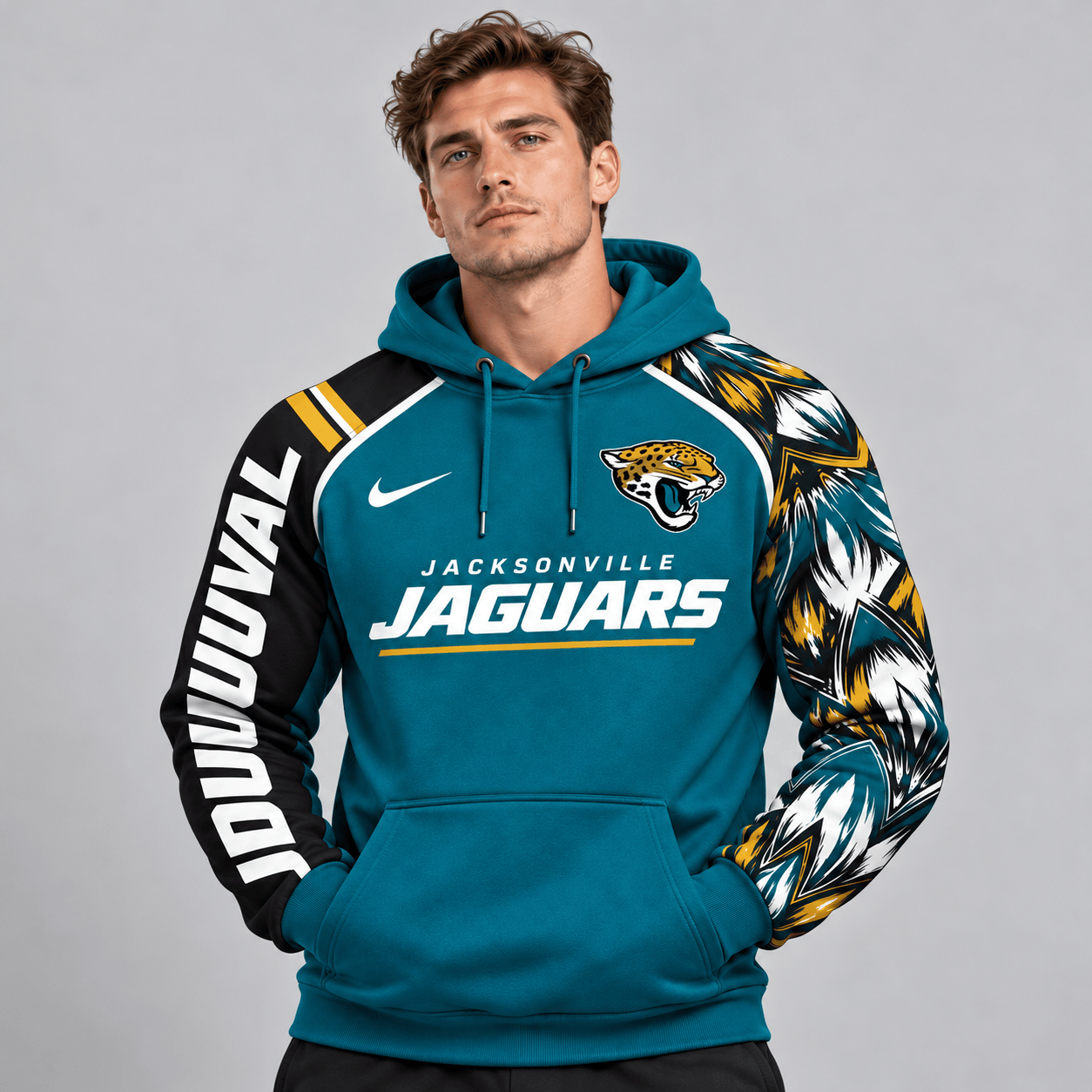 Jacksonville Jaguars | Premium NFL Dynamic Brushstroke Graphic Asymmetric Sleeve Pullover Hoodie With Team Logo And Bold Lettering NDN cover