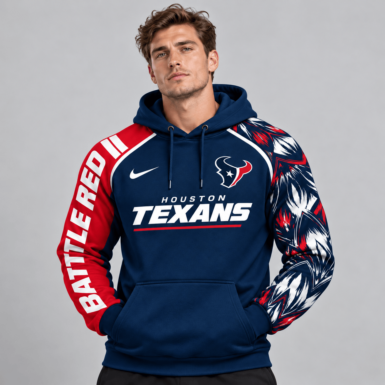 Houston Texans | Premium NFL Dynamic Brushstroke Graphic Asymmetric Sleeve Pullover Hoodie With Team Logo And Bold Lettering NDN cover