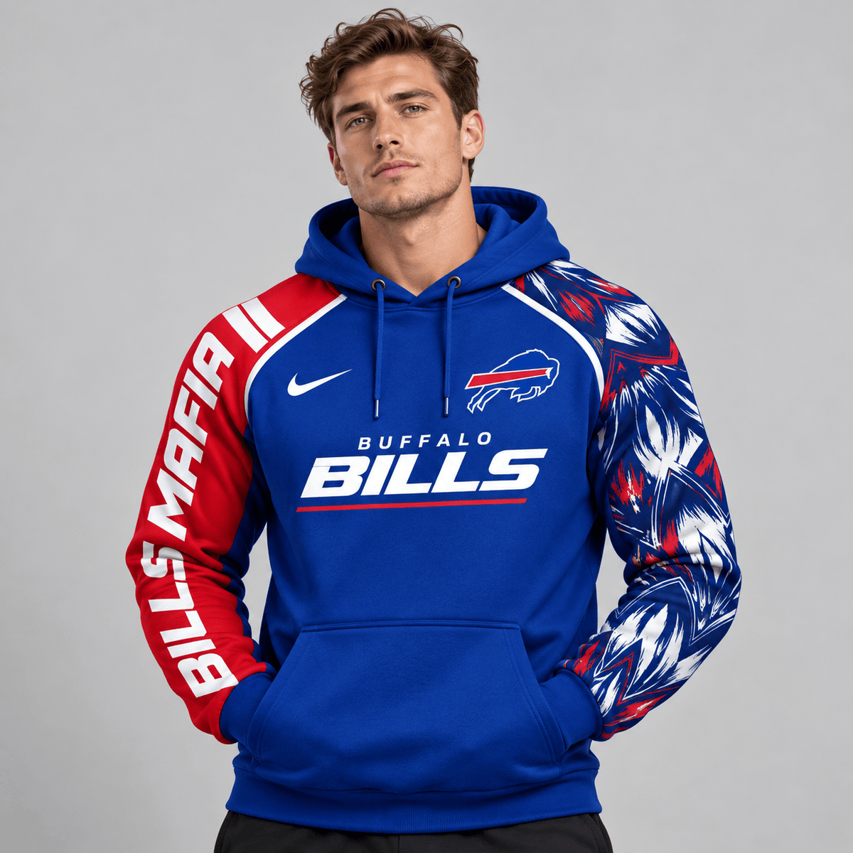 Buffalo Bills | Premium NFL Dynamic Brushstroke Graphic Asymmetric Sleeve Pullover Hoodie With Team Logo And Bold Lettering NDN cover