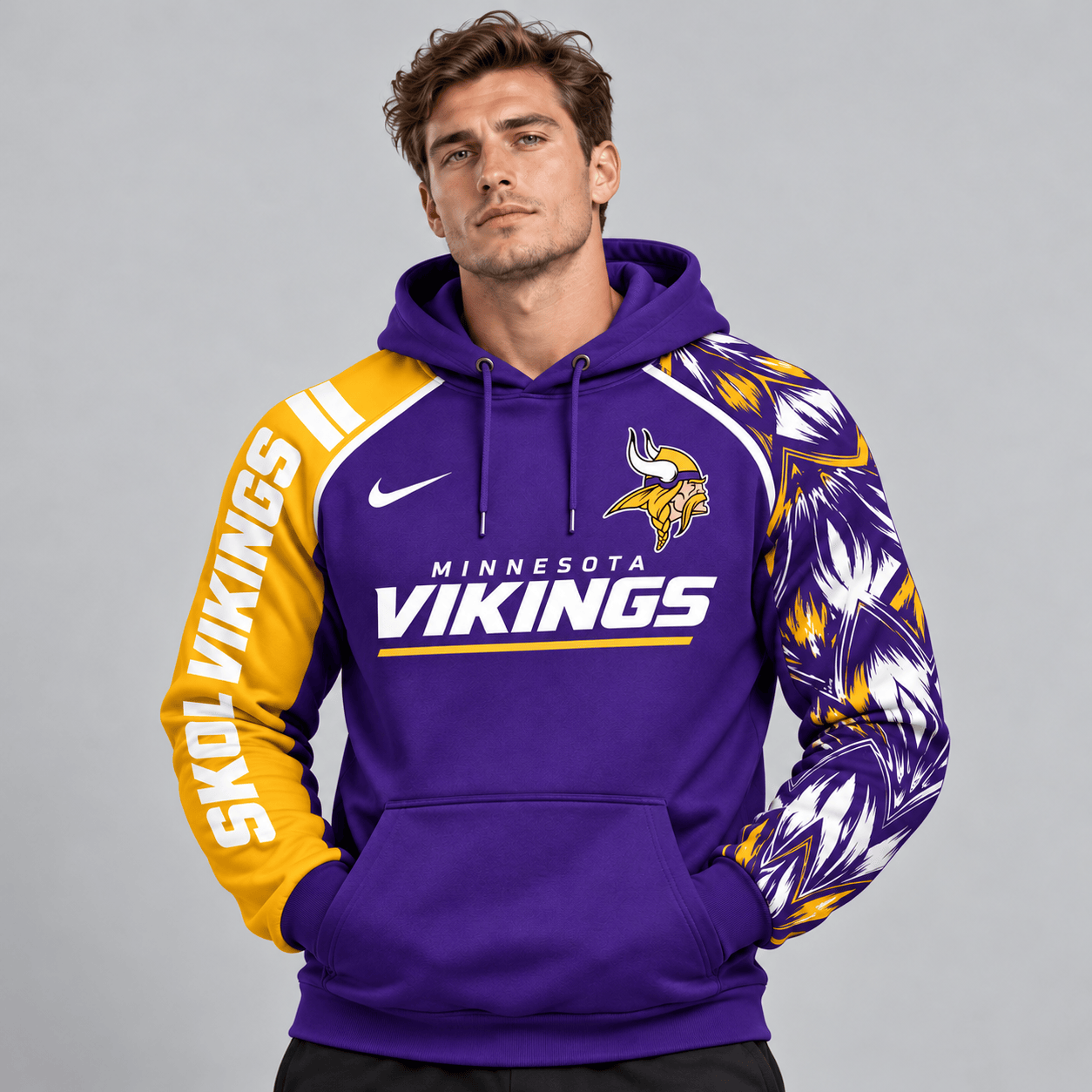 Minnesota Vikings | Premium NFL Dynamic Brushstroke Graphic Asymmetric Sleeve Pullover Hoodie With Team Logo And Bold Lettering NDN cover