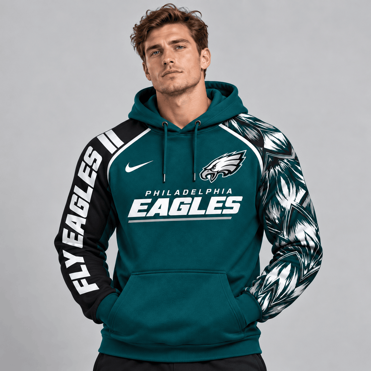 Philadelphia Eagles | Premium NFL Dynamic Brushstroke Graphic Asymmetric Sleeve Pullover Hoodie With Team Logo And Bold Lettering NDN cover