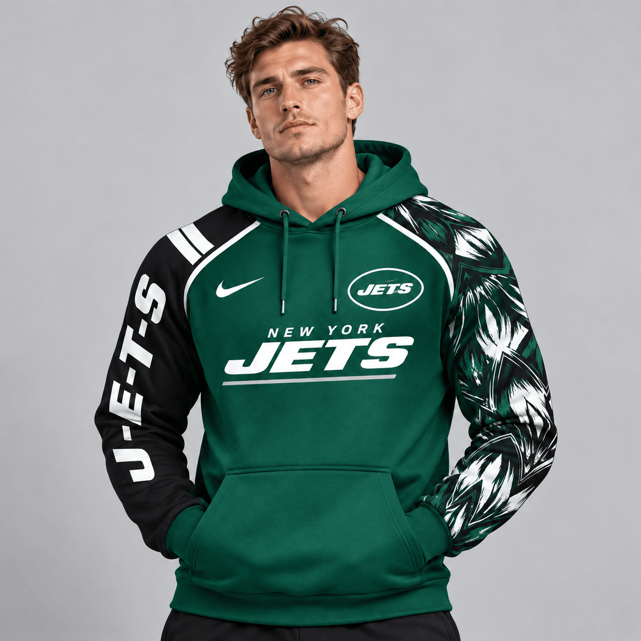New York Jets | Premium NFL Dynamic Brushstroke Graphic Asymmetric Sleeve Pullover Hoodie With Team Logo And Bold Lettering NDN cover