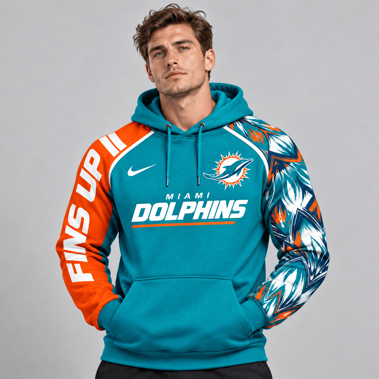 Miami Dolphins | Premium NFL Dynamic Brushstroke Graphic Asymmetric Sleeve Pullover Hoodie With Team Logo And Bold Lettering NDN cover