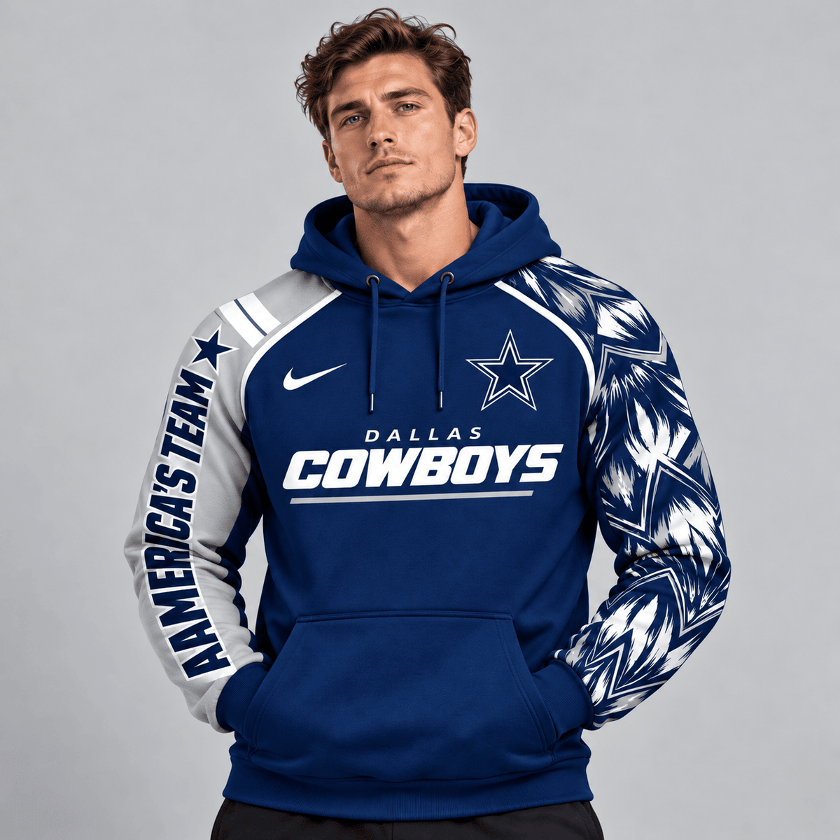 Dallas Cowboys | Premium NFL Dynamic Brushstroke Graphic Asymmetric Sleeve Pullover Hoodie With Team Logo And Bold Lettering NDN cover