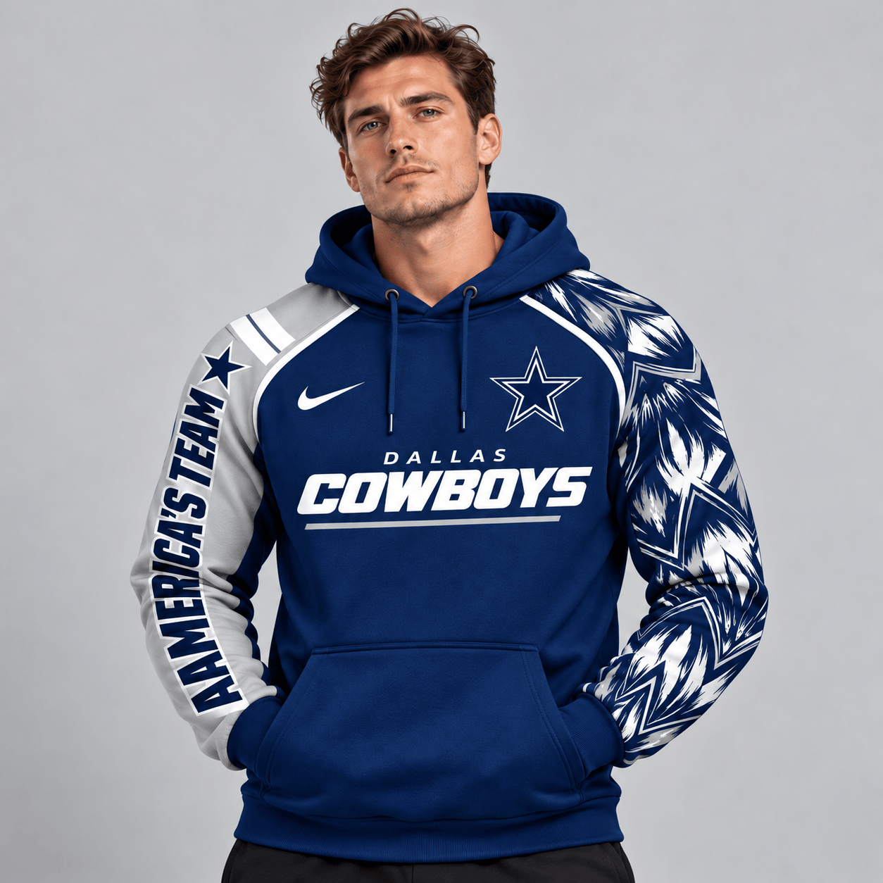 Dallas Cowboys | Premium NFL Dynamic Brushstroke Graphic Asymmetric Sleeve Pullover Hoodie With Team Logo And Bold Lettering NDN cover