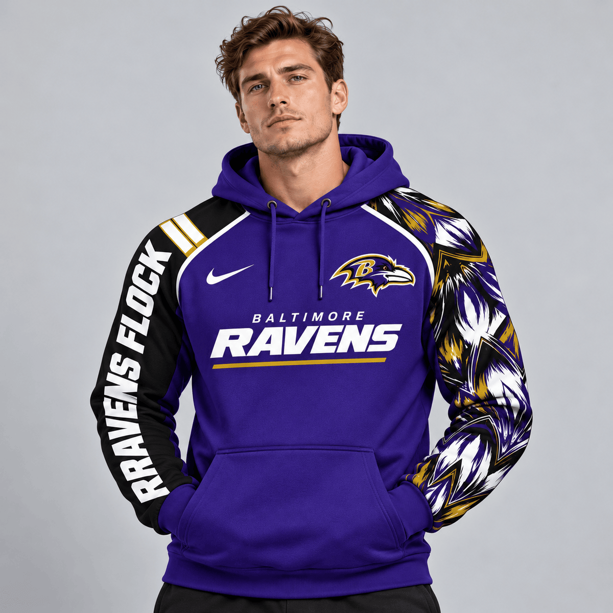 Baltimore Ravens | Premium NFL Dynamic Brushstroke Graphic Asymmetric Sleeve Pullover Hoodie With Team Logo And Bold Lettering NDN cover