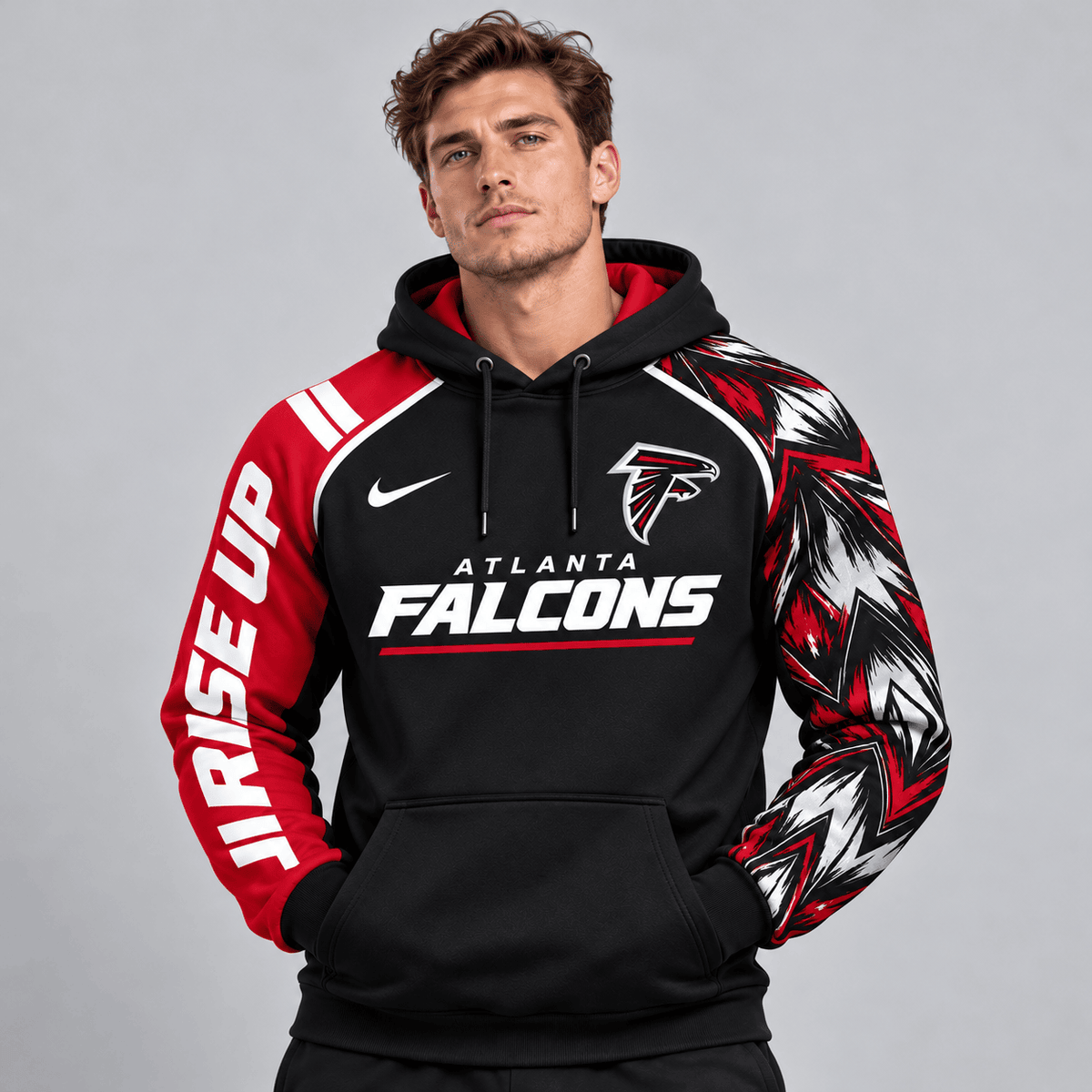Atlanta Falcons | Premium NFL Dynamic Brushstroke Graphic Asymmetric Sleeve Pullover Hoodie With Team Logo And Bold Lettering NDN cover