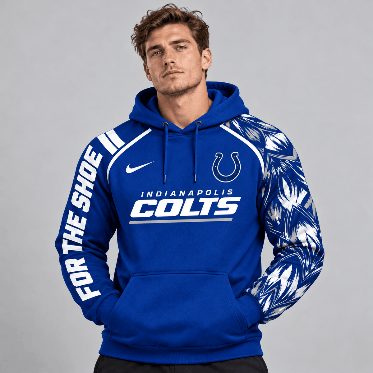 Indianapolis Colts | Premium NFL Dynamic Brushstroke Graphic Asymmetric Sleeve Pullover Hoodie With Team Logo And Bold Lettering NDN cover