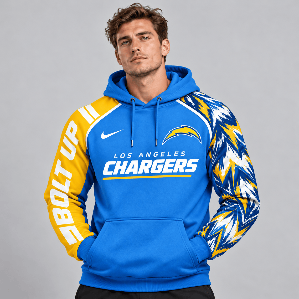 Los Angeles Chargers | Premium NFL Dynamic Brushstroke Graphic Asymmetric Sleeve Pullover Hoodie With Team Logo And Bold Lettering NDN cover