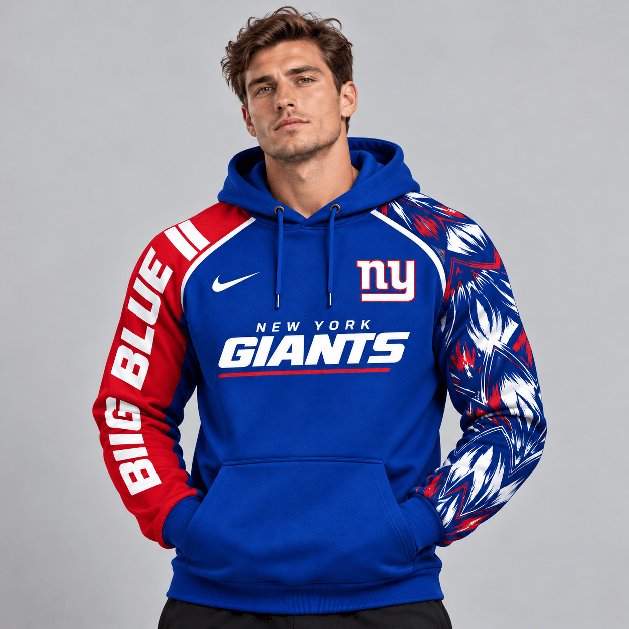 New York Giants | Premium NFL Dynamic Brushstroke Graphic Asymmetric Sleeve Pullover Hoodie With Team Logo And Bold Lettering NDN cover
