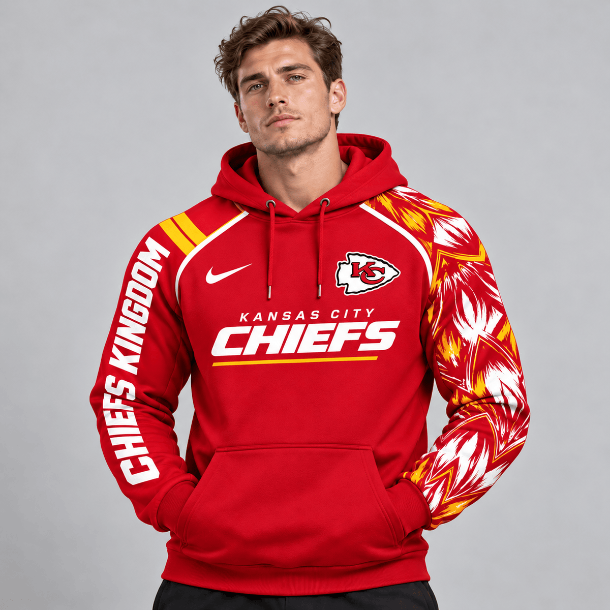 Kansas City Chiefs | Premium NFL Dynamic Brushstroke Graphic Asymmetric Sleeve Pullover Hoodie With Team Logo And Bold Lettering NDN cover