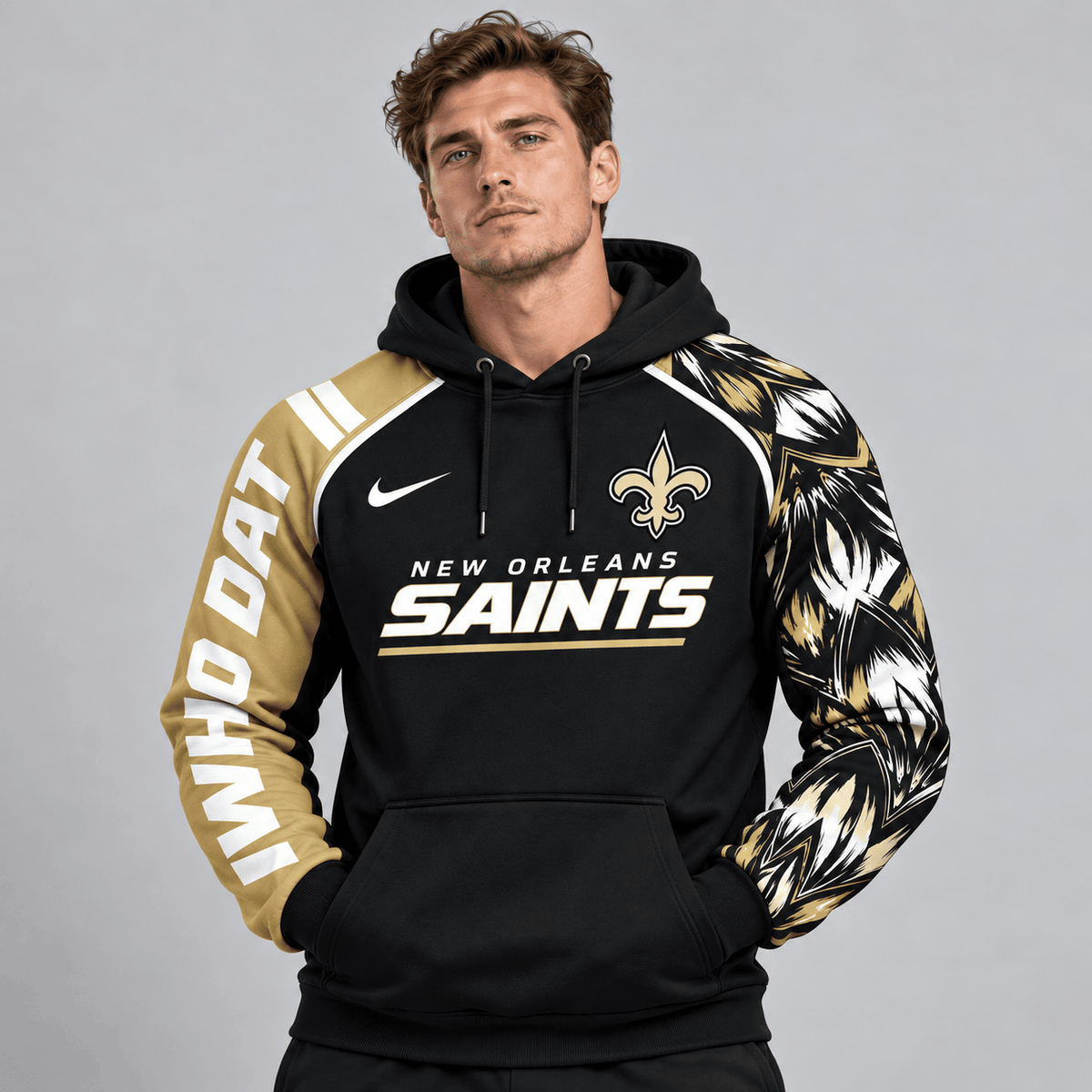 New Orleans Saints | Premium NFL Dynamic Brushstroke Graphic Asymmetric Sleeve Pullover Hoodie With Team Logo And Bold Lettering NDN cover