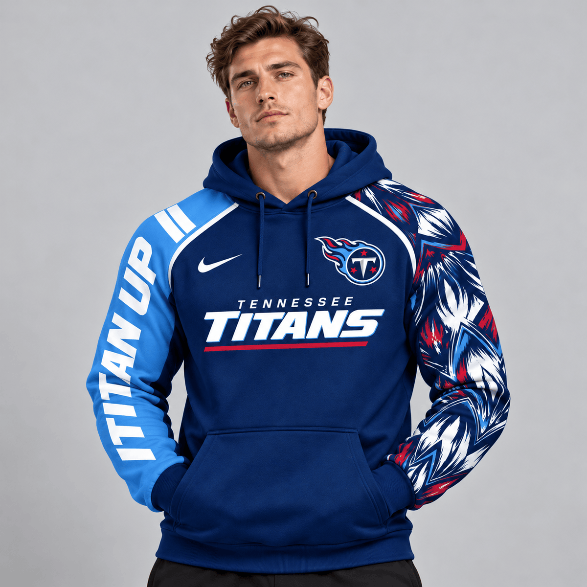 Tennessee Titans | Premium NFL Dynamic Brushstroke Graphic Asymmetric Sleeve Pullover Hoodie With Team Logo And Bold Lettering NDN cover