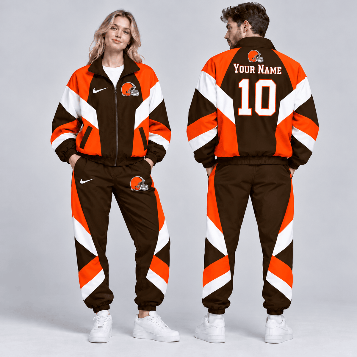 Cleveland Browns | Premium NFL Personalized Name Number Chevron Colorblock Full Zip Windbreaker Jacket And Matching Jogger Pants Tracksuit Set NDN cover