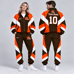Cleveland Browns | Premium NFL Personalized Name Number Chevron Colorblock Full Zip Windbreaker Jacket And Matching Jogger Pants Tracksuit Set NDN cover