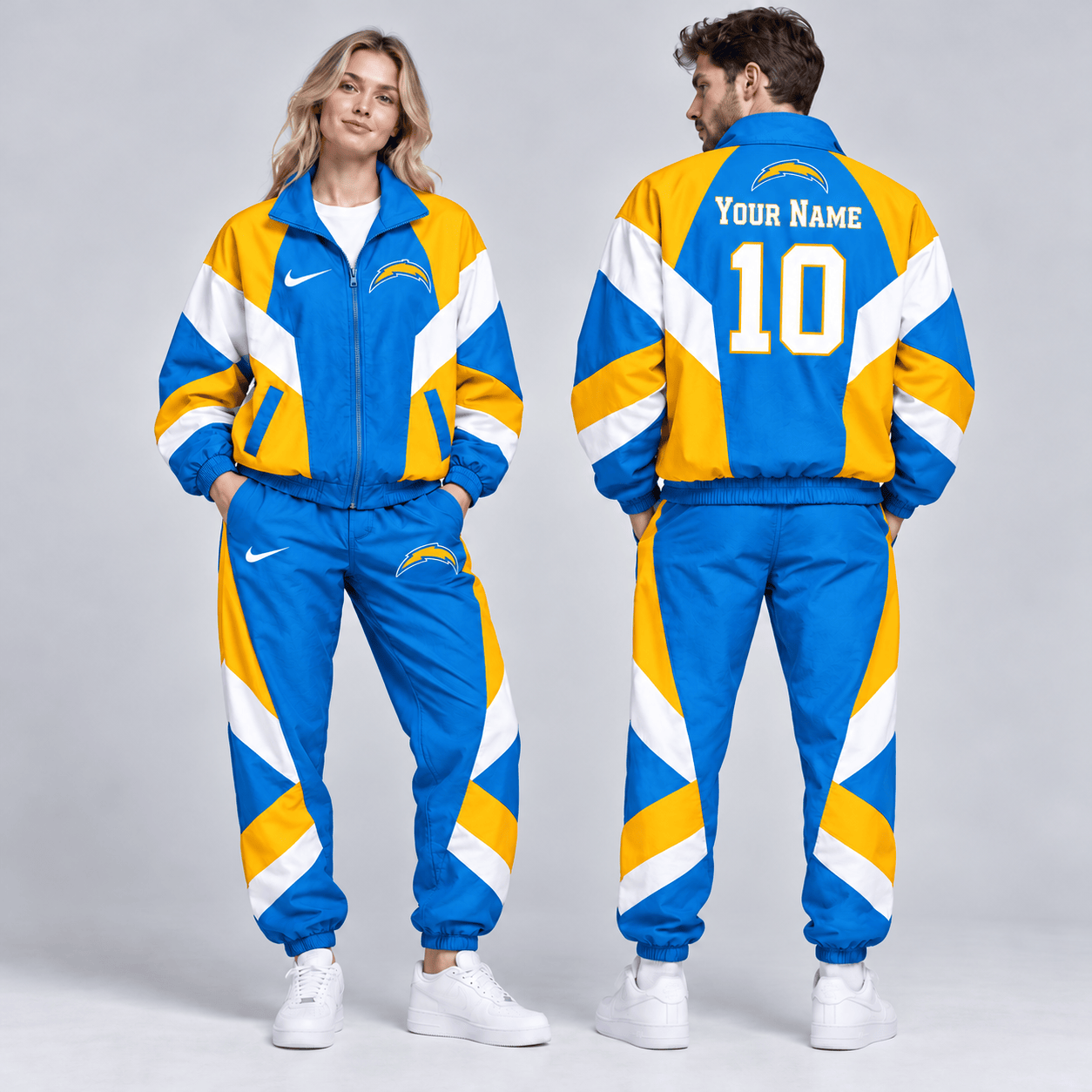 Los Angeles Chargers | Premium NFL Personalized Name Number Chevron Colorblock Full Zip Windbreaker Jacket And Matching Jogger Pants Tracksuit Set NDN cover