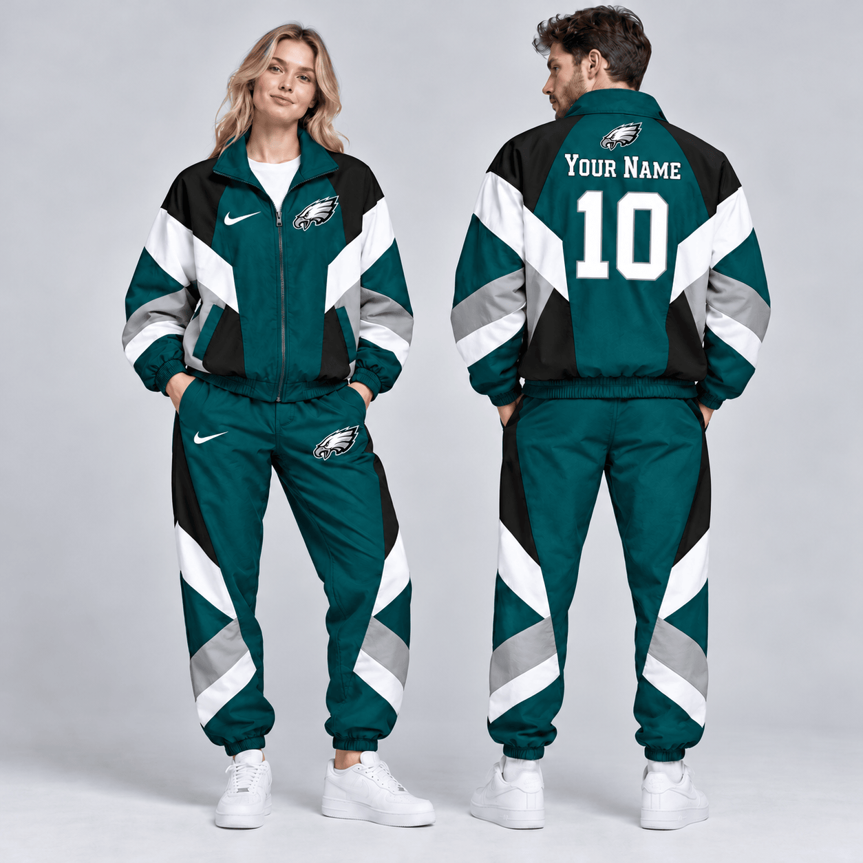 Philadelphia Eagles | Premium NFL Personalized Name Number Chevron Colorblock Full Zip Windbreaker Jacket And Matching Jogger Pants Tracksuit Set NDN cover