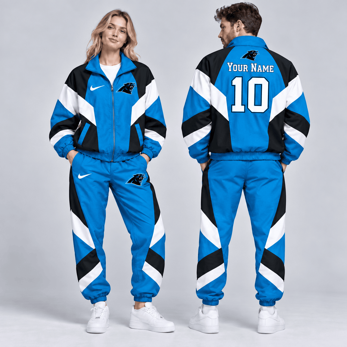 Carolina Panthers | Premium NFL Personalized Name Number Chevron Colorblock Full Zip Windbreaker Jacket And Matching Jogger Pants Tracksuit Set NDN cover