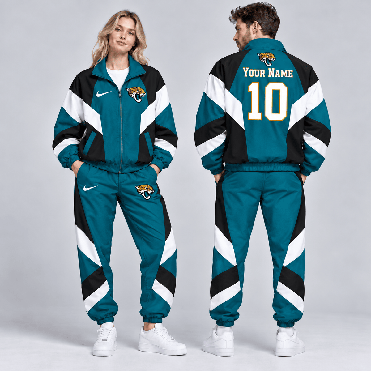Jacksonville Jaguars | Premium NFL Personalized Name Number Chevron Colorblock Full Zip Windbreaker Jacket And Matching Jogger Pants Tracksuit Set NDN cover