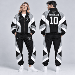 Las Vegas Raiders | Premium NFL Personalized Name Number Chevron Colorblock Full Zip Windbreaker Jacket And Matching Jogger Pants Tracksuit Set NDN cover