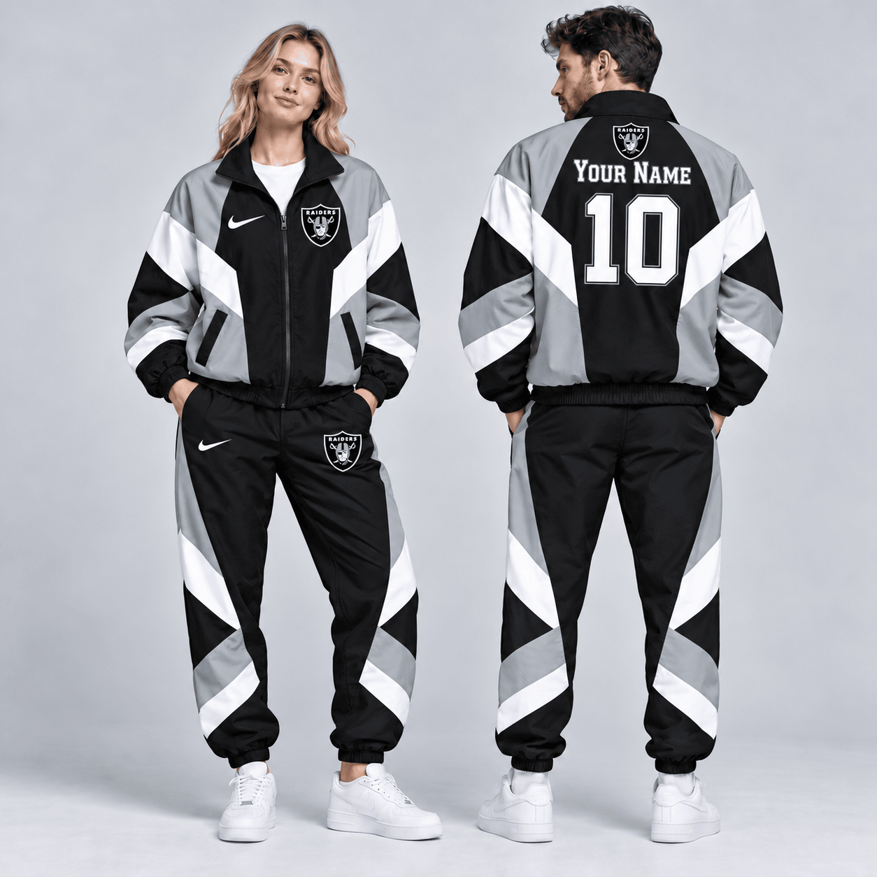 Las Vegas Raiders | Premium NFL Personalized Name Number Chevron Colorblock Full Zip Windbreaker Jacket And Matching Jogger Pants Tracksuit Set NDN cover