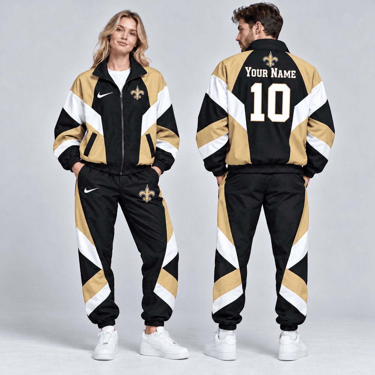 New Orleans Saints | Premium NFL Personalized Name Number Chevron Colorblock Full Zip Windbreaker Jacket And Matching Jogger Pants Tracksuit Set NDN cover