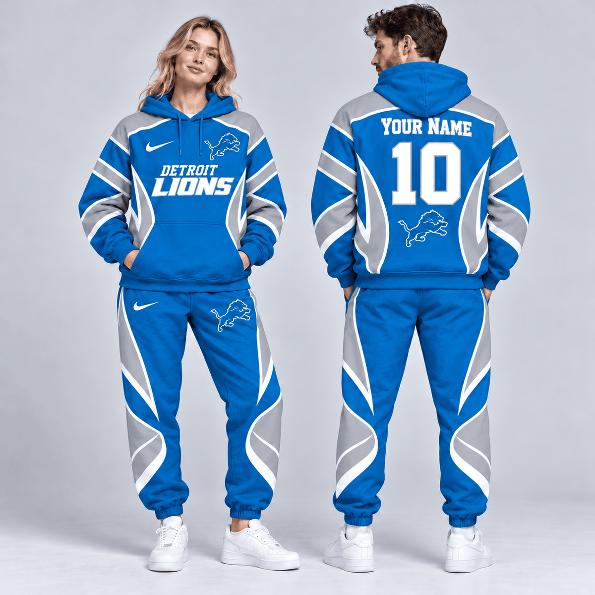 Detroit Lions | Premium NFL Personalized Name Number Dynamic Flame Curve Colorblock Pullover Hoodie And Matching Jogger Pants Tracksuit Set NDN cover