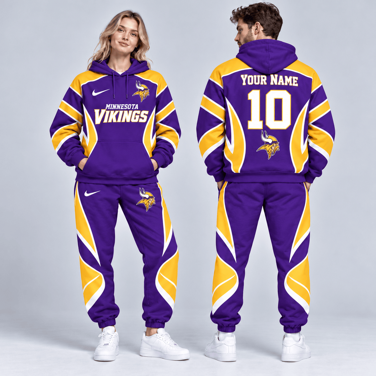 Minnesota Vikings | Premium NFL Personalized Name Number Dynamic Flame Curve Colorblock Pullover Hoodie And Matching Jogger Pants Tracksuit Set NDN cover