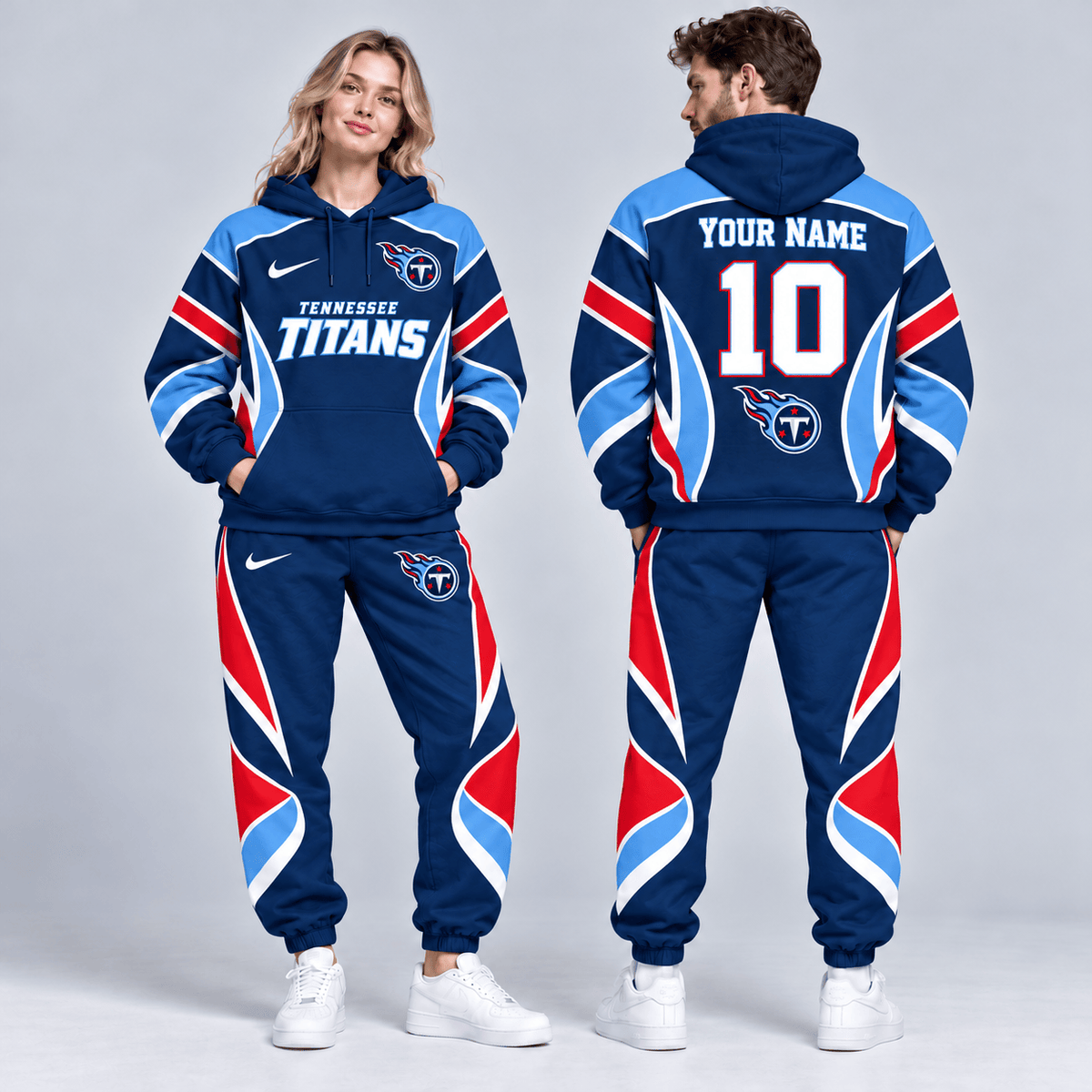 Tennessee Titans | Premium NFL Personalized Name Number Dynamic Flame Curve Colorblock Pullover Hoodie And Matching Jogger Pants Tracksuit Set NDN cover