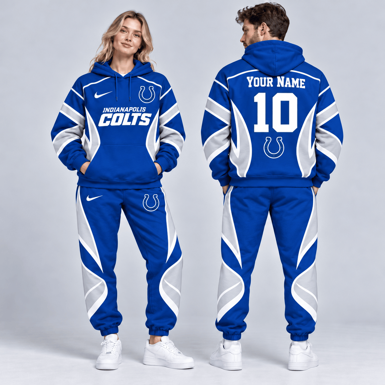 Indianapolis Colts | Premium NFL Personalized Name Number Dynamic Flame Curve Colorblock Pullover Hoodie And Matching Jogger Pants Tracksuit Set NDN cover