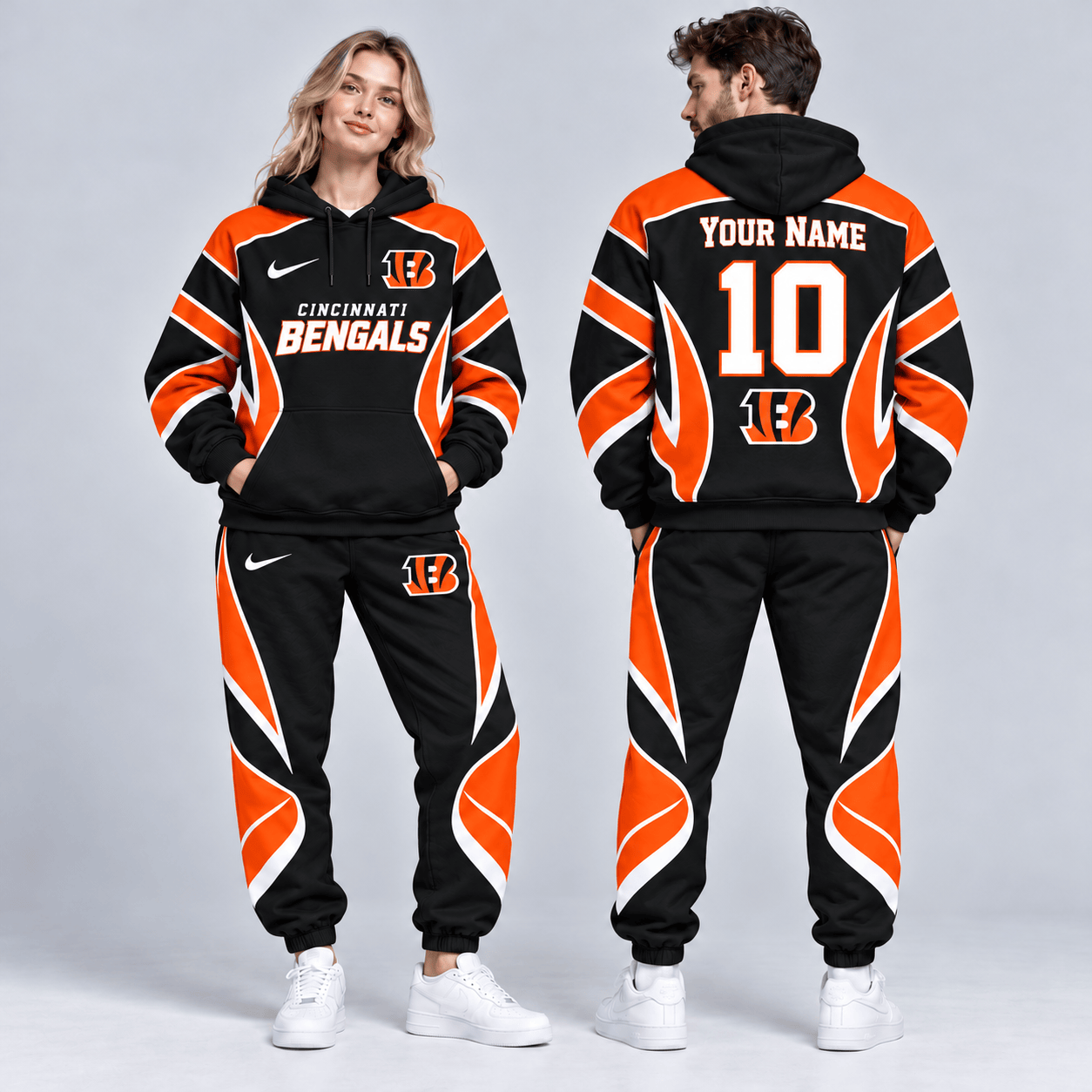 Cincinnati Bengals | Premium NFL Personalized Name Number Dynamic Flame Curve Colorblock Pullover Hoodie And Matching Jogger Pants Tracksuit Set NDN cover