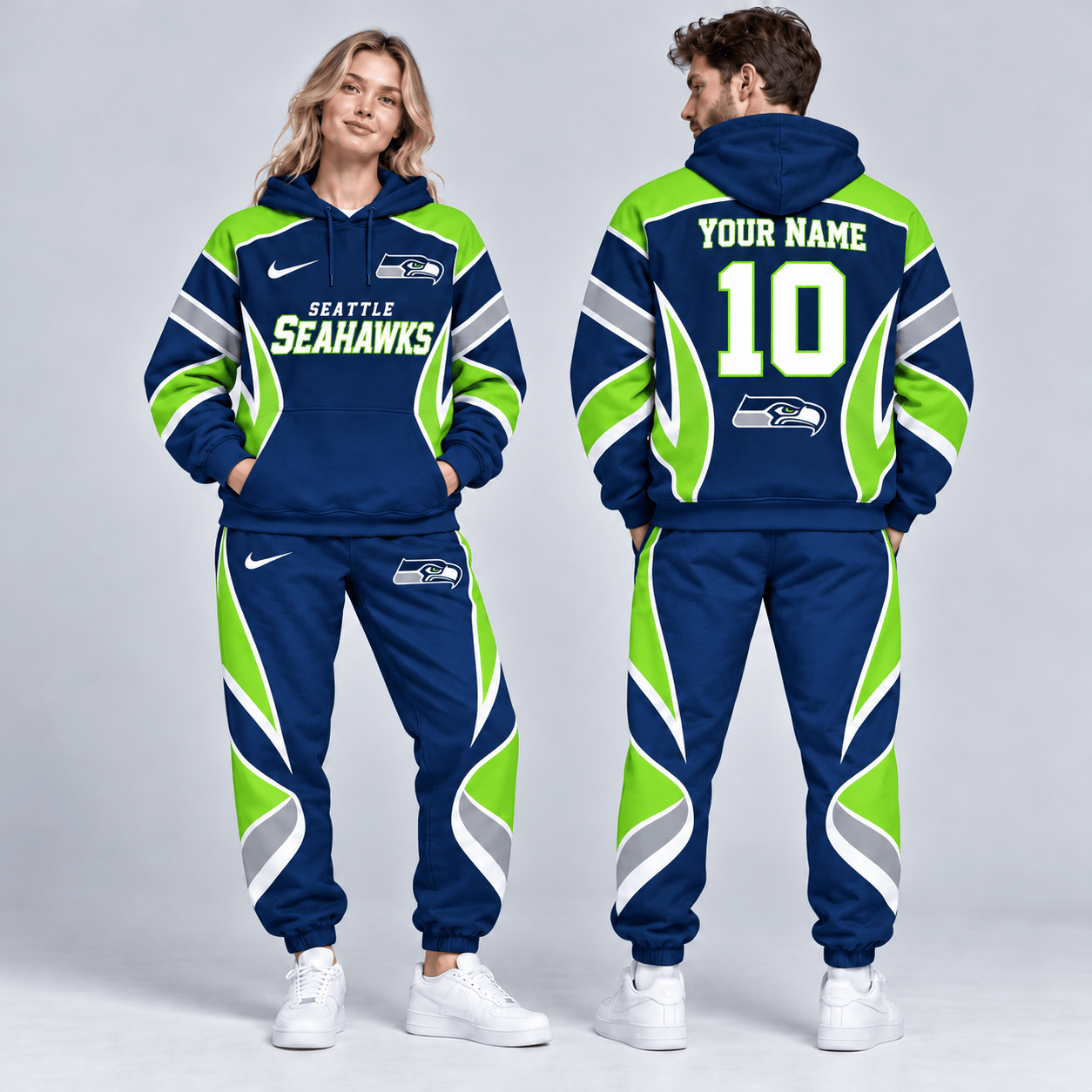 Seattle Seahawks | Premium NFL Personalized Name Number Dynamic Flame Curve Colorblock Pullover Hoodie And Matching Jogger Pants Tracksuit Set NDN cover