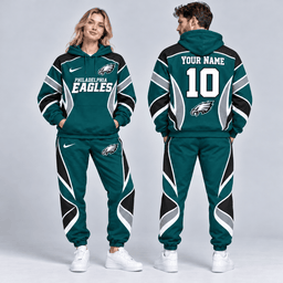 Philadelphia Eagles | Premium NFL Personalized Name Number Dynamic Flame Curve Colorblock Pullover Hoodie And Matching Jogger Pants Tracksuit Set NDN cover