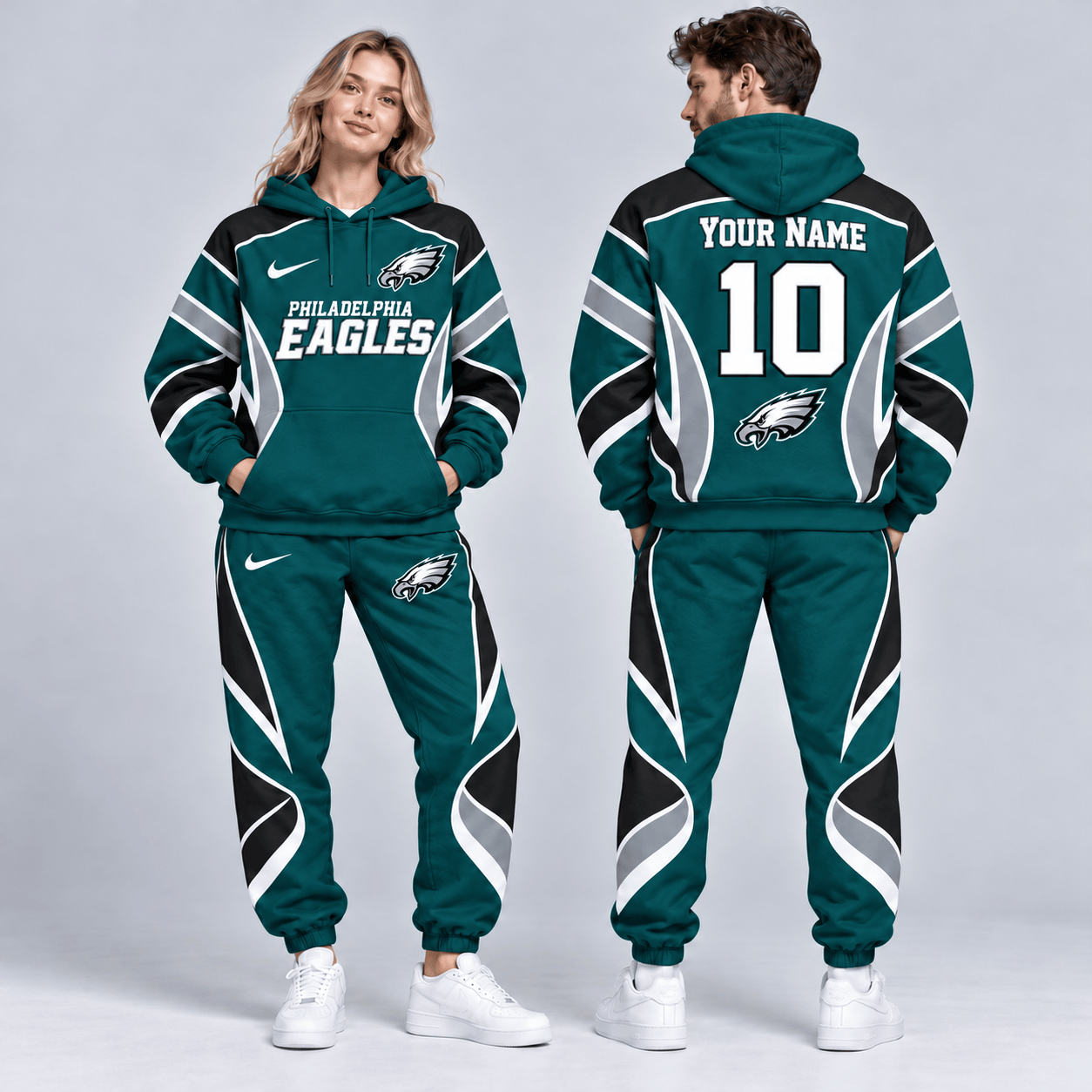 Philadelphia Eagles | Premium NFL Personalized Name Number Dynamic Flame Curve Colorblock Pullover Hoodie And Matching Jogger Pants Tracksuit Set NDN cover