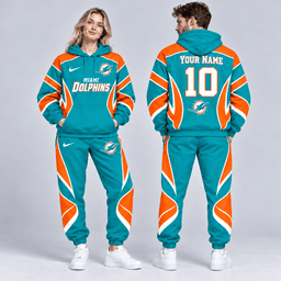 Miami Dolphins | Premium NFL Personalized Name Number Dynamic Flame Curve Colorblock Pullover Hoodie And Matching Jogger Pants Tracksuit Set NDN cover