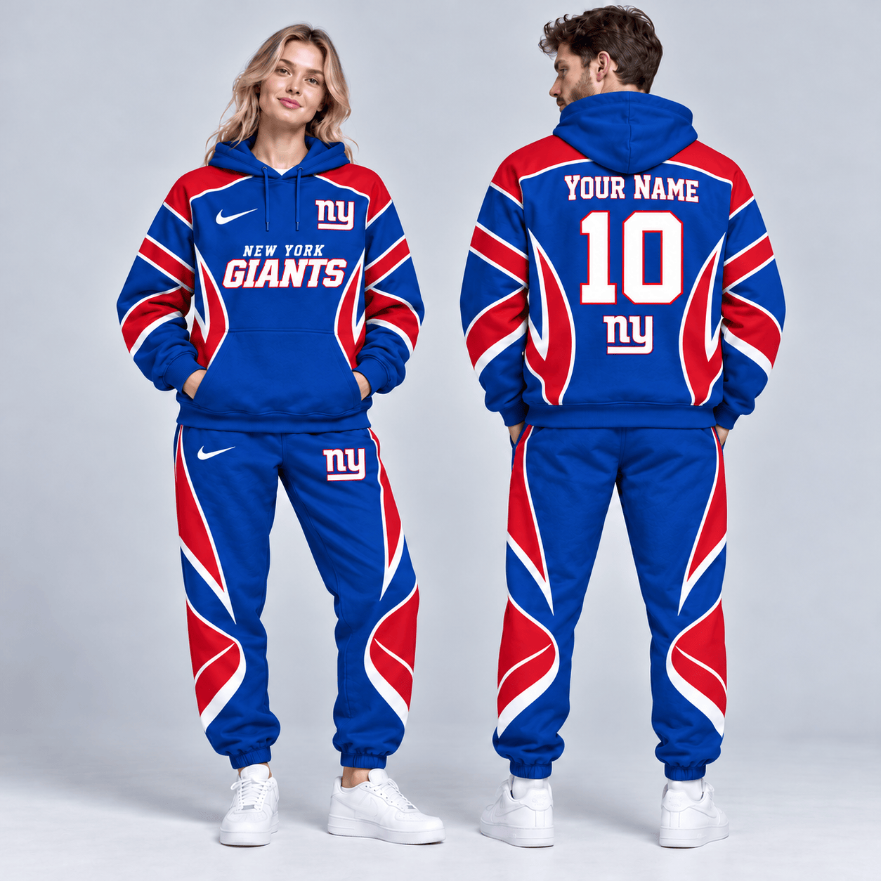 New York Giants | Premium NFL Personalized Name Number Dynamic Flame Curve Colorblock Pullover Hoodie And Matching Jogger Pants Tracksuit Set NDN cover