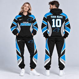 Carolina Panthers | Premium NFL Personalized Name Number Dynamic Flame Curve Colorblock Pullover Hoodie And Matching Jogger Pants Tracksuit Set NDN cover