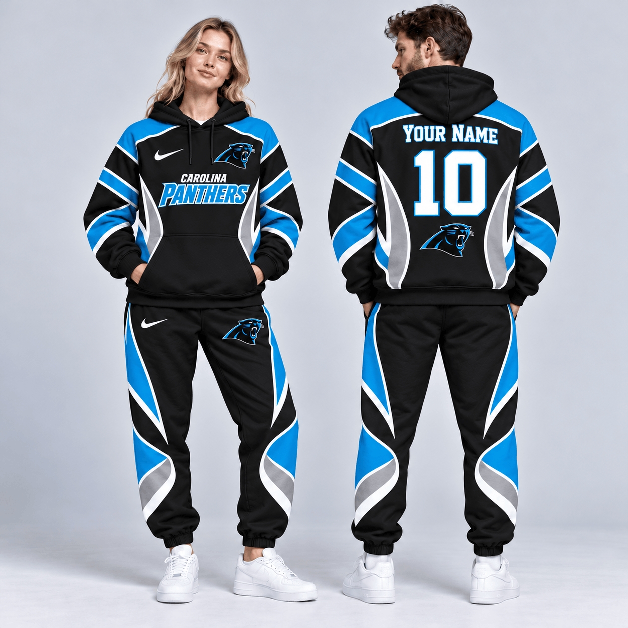 Carolina Panthers | Premium NFL Personalized Name Number Dynamic Flame Curve Colorblock Pullover Hoodie And Matching Jogger Pants Tracksuit Set NDN cover