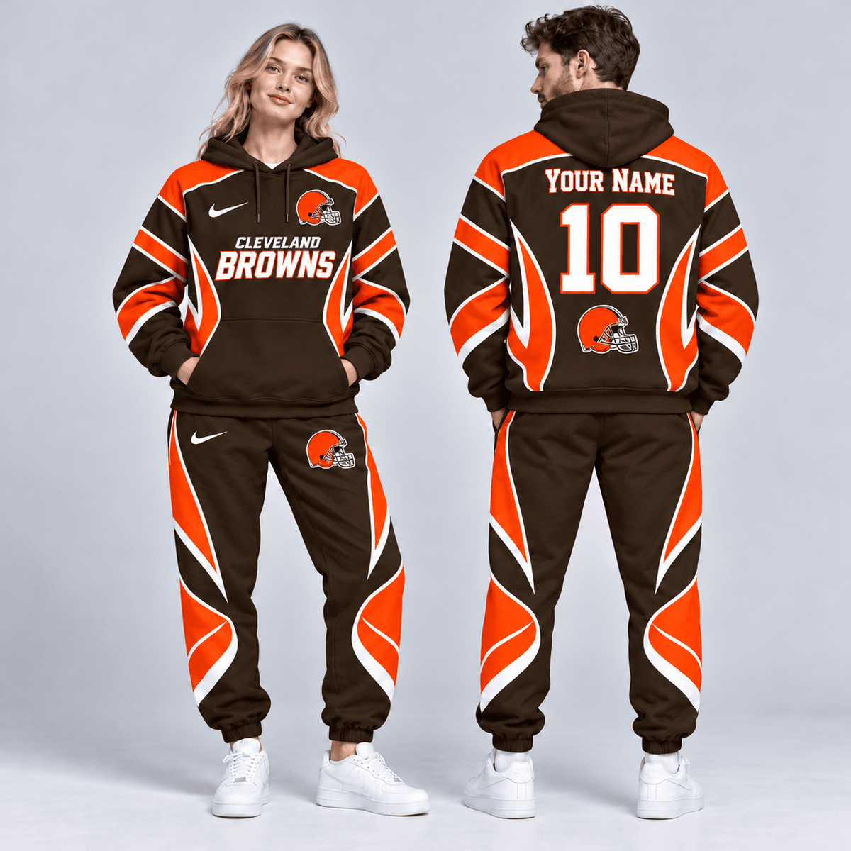 Cleveland Browns | Premium NFL Personalized Name Number Dynamic Flame Curve Colorblock Pullover Hoodie And Matching Jogger Pants Tracksuit Set NDN cover