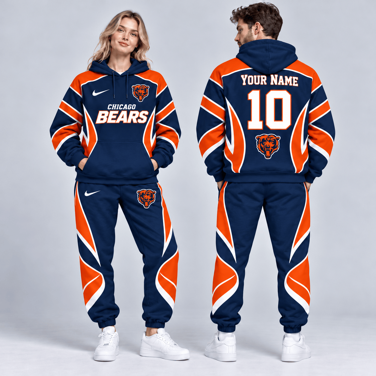 Chicago Bears | Premium NFL Personalized Name Number Dynamic Flame Curve Colorblock Pullover Hoodie And Matching Jogger Pants Tracksuit Set NDN cover