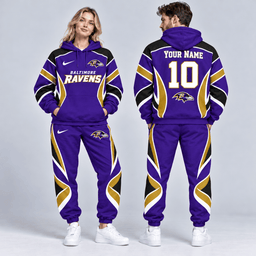 Baltimore Ravens | Premium NFL Personalized Name Number Dynamic Flame Curve Colorblock Pullover Hoodie And Matching Jogger Pants Tracksuit Set NDN cover